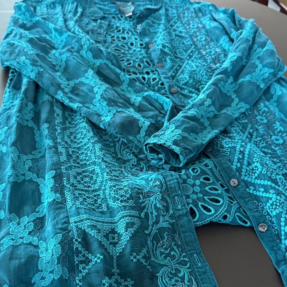 Johnny Was Teal Embroidered Cardigan - Picture 3 of 4